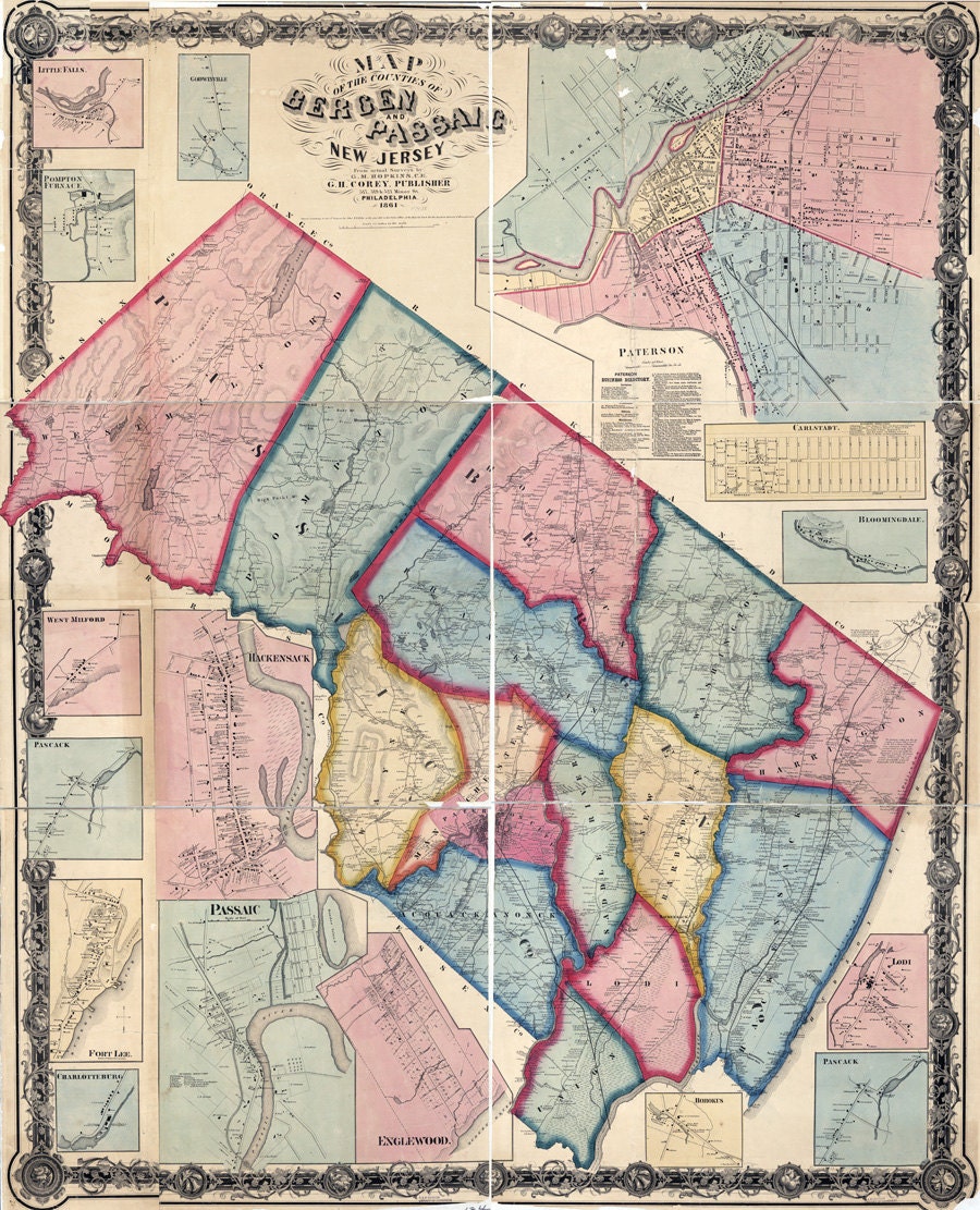 1861 Map of Bergen and Passaic County New Jersey