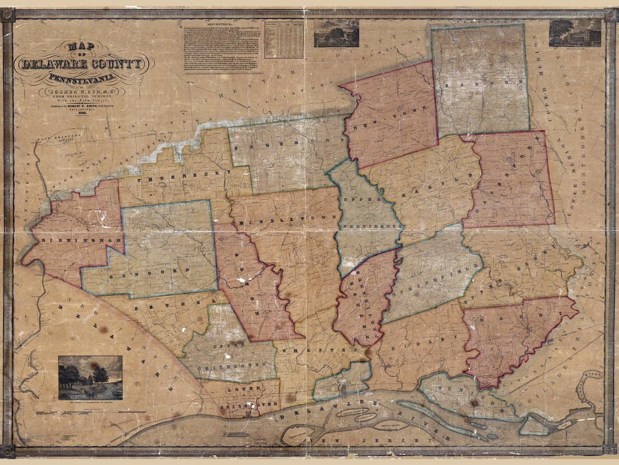1848 Farm Line Map of Delaware County Pennsylvania from original surveys