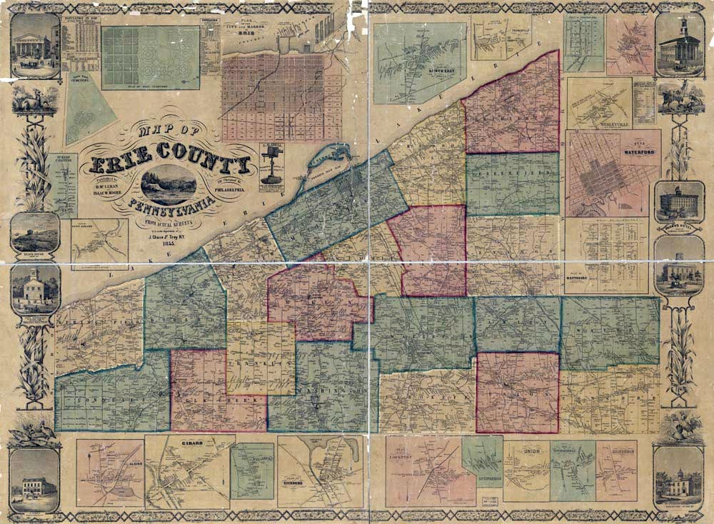 1855 Farm Line Map of Erie County Pa Landowner & farm names