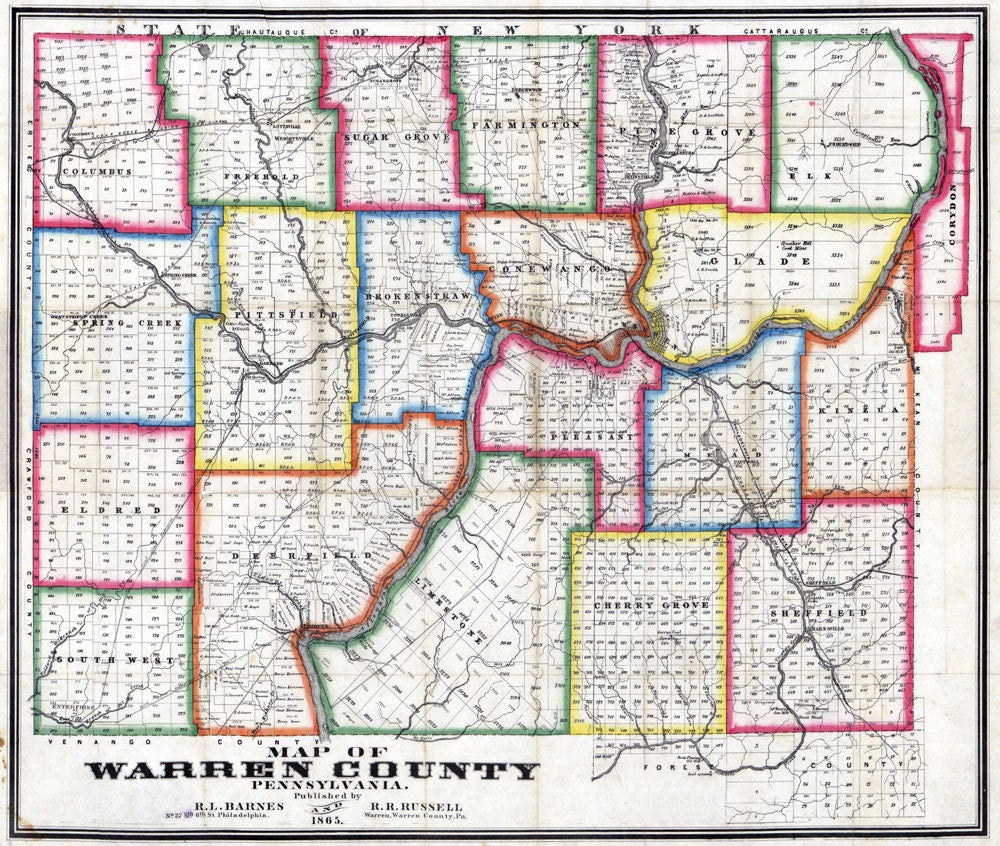 1865 Farm Line Map of Warren County Pa Oil Region