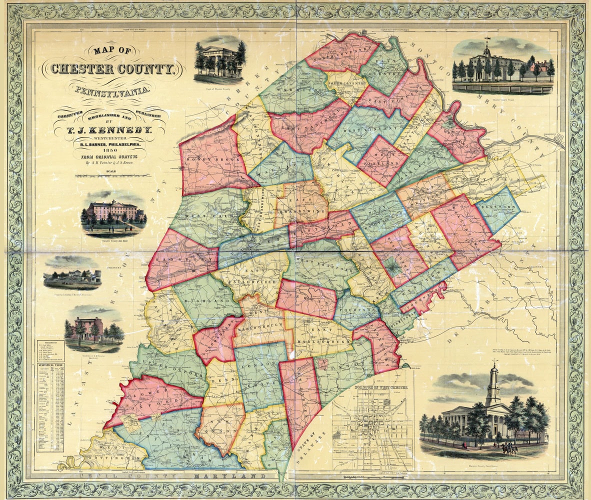 1856 Map of Chester County PA West Chester