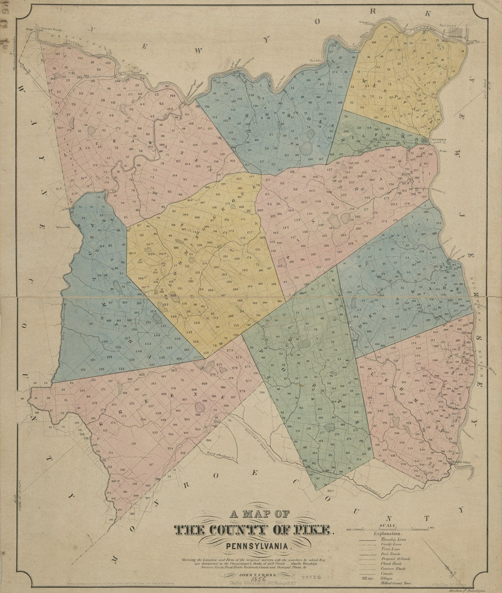 1856 Farm Line Map of Pike County Pa Milford Port Jervis