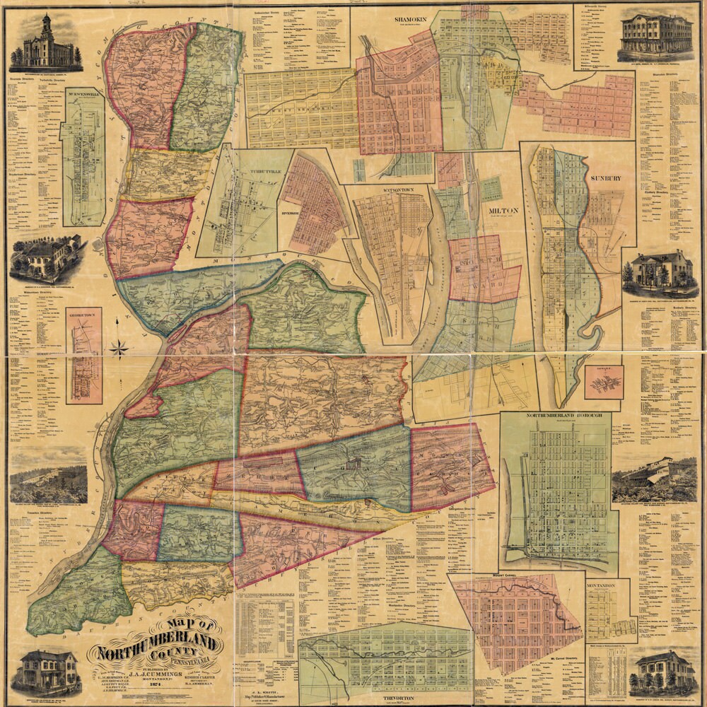 1874 Map of Northumberland County Pa from actual surveys