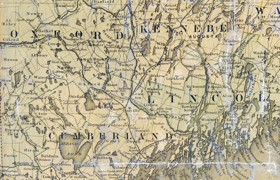 1852 Map of The State of Maine Showing Roads Railroads Towns