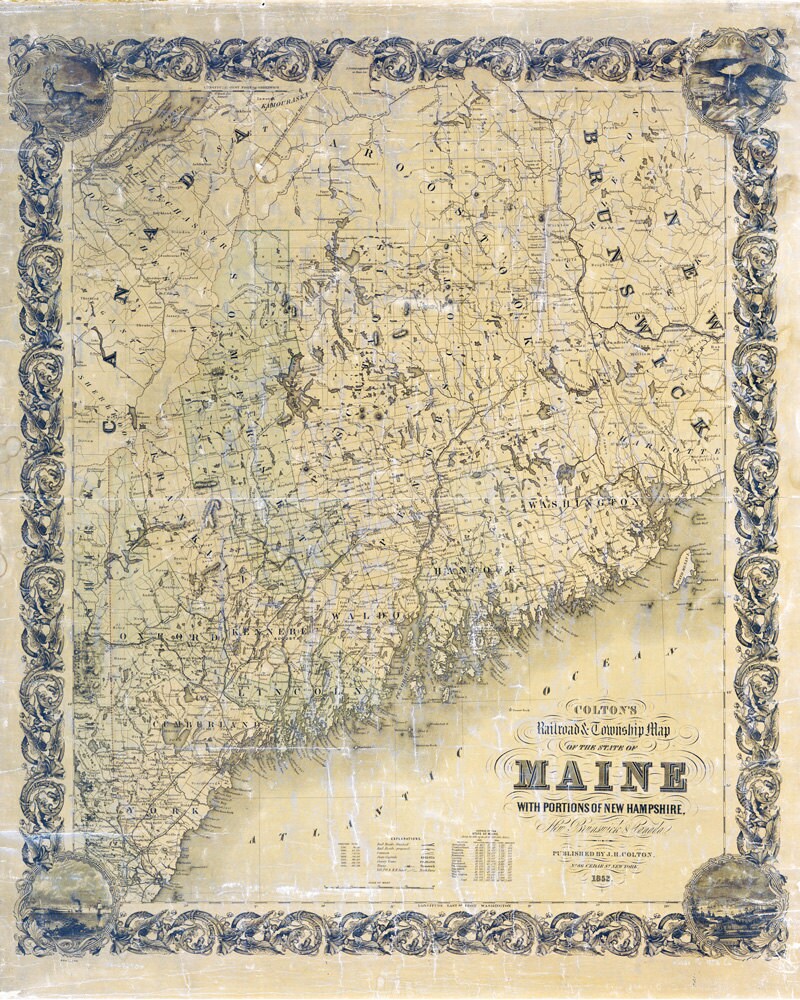 1852 Map of The State of Maine Showing Roads Railroads Towns