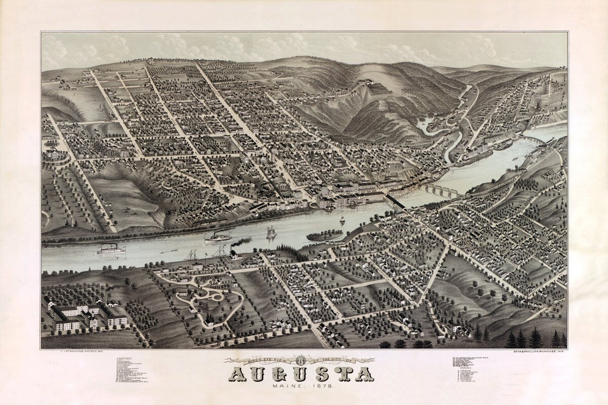 1878 Aerial Map of Augusta Maine