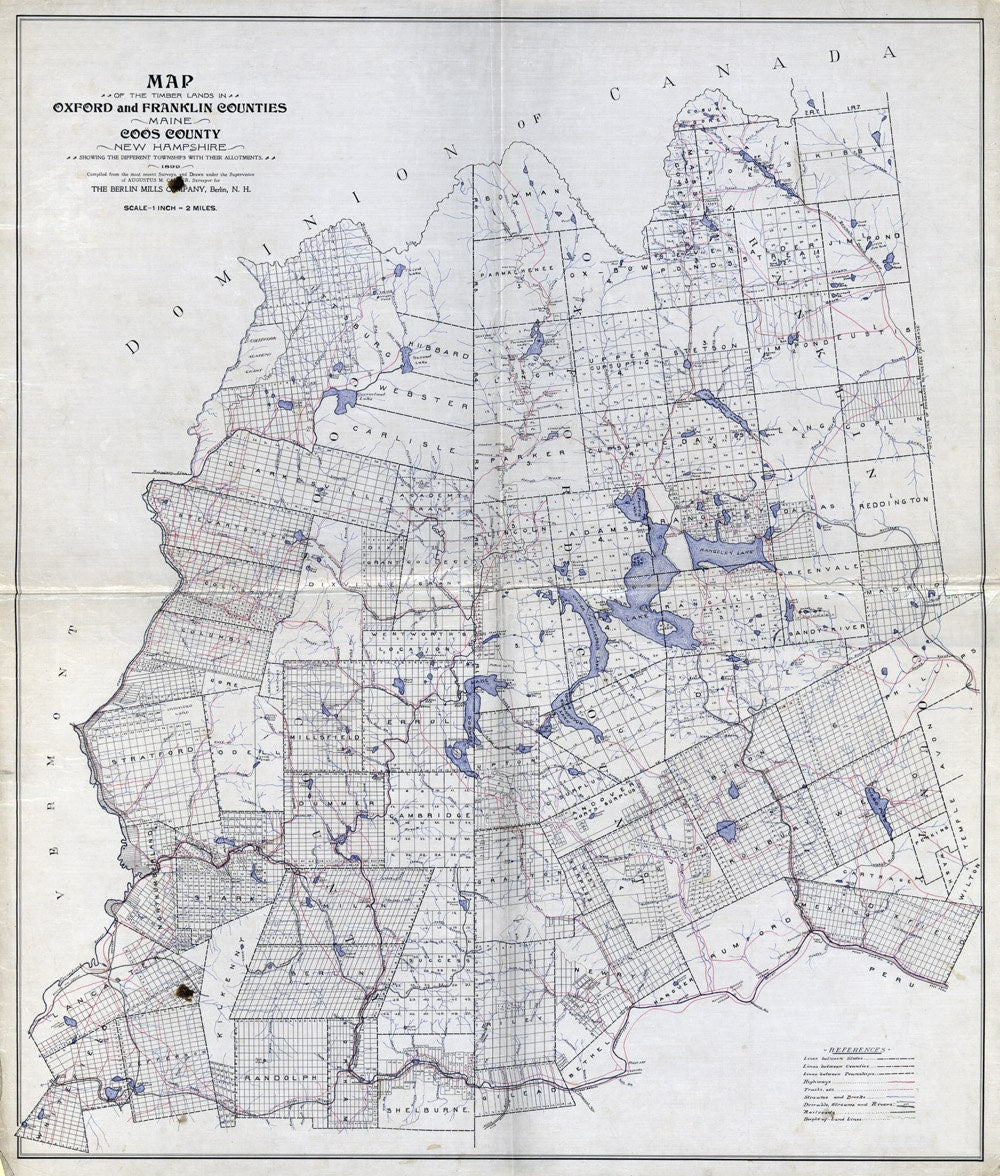 1899 Map of Oxford & Franklin County Maine Coos County New Hampshire