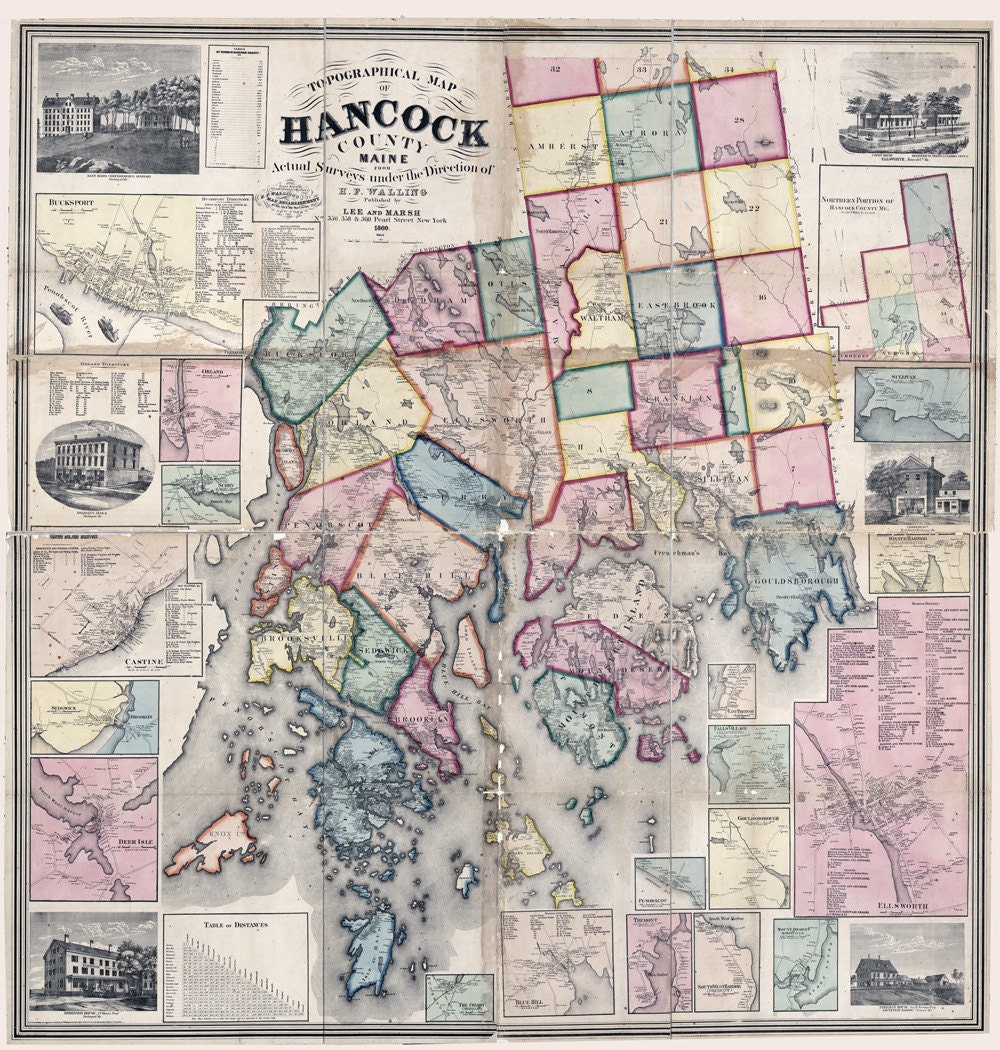 1860 Map of Hancock County Maine Ellsworth Genealogy