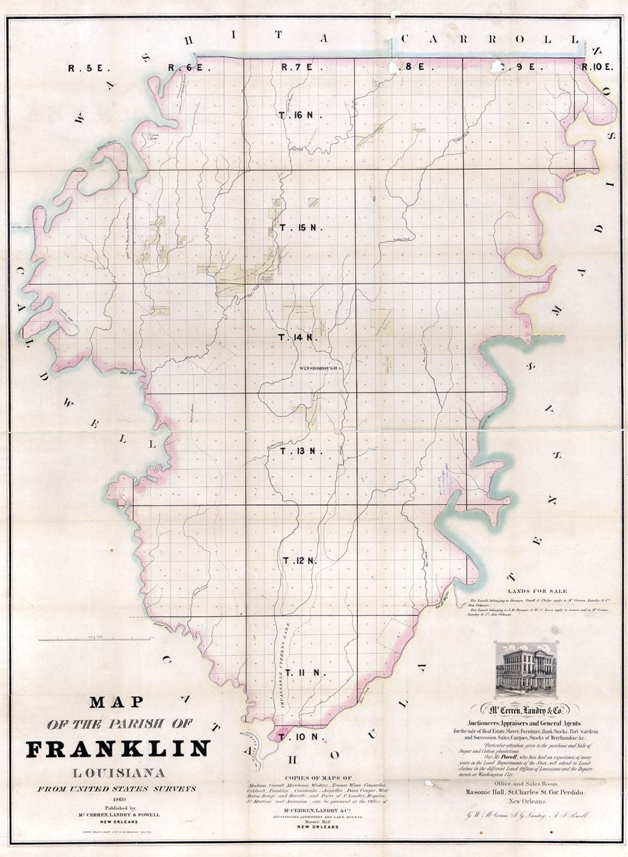 1860 Map of Franklin Parish (County) Louisiana Winnsboro