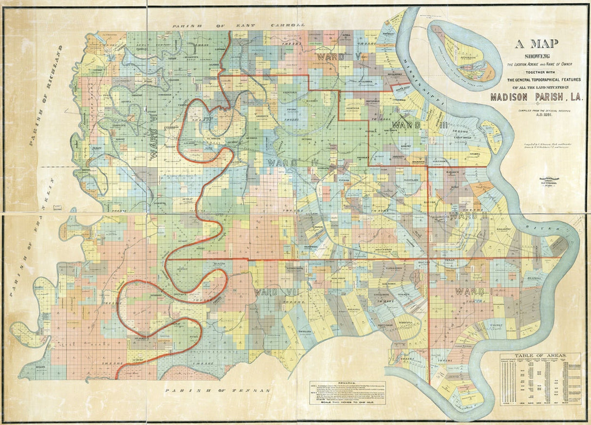 1891 Map of Madison Parish (County) Louisiana Tallulah
