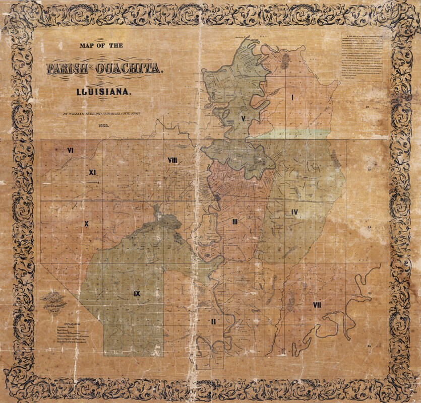 1858 Map of Ouachita County (Parish) Louisiana Plantations Farms