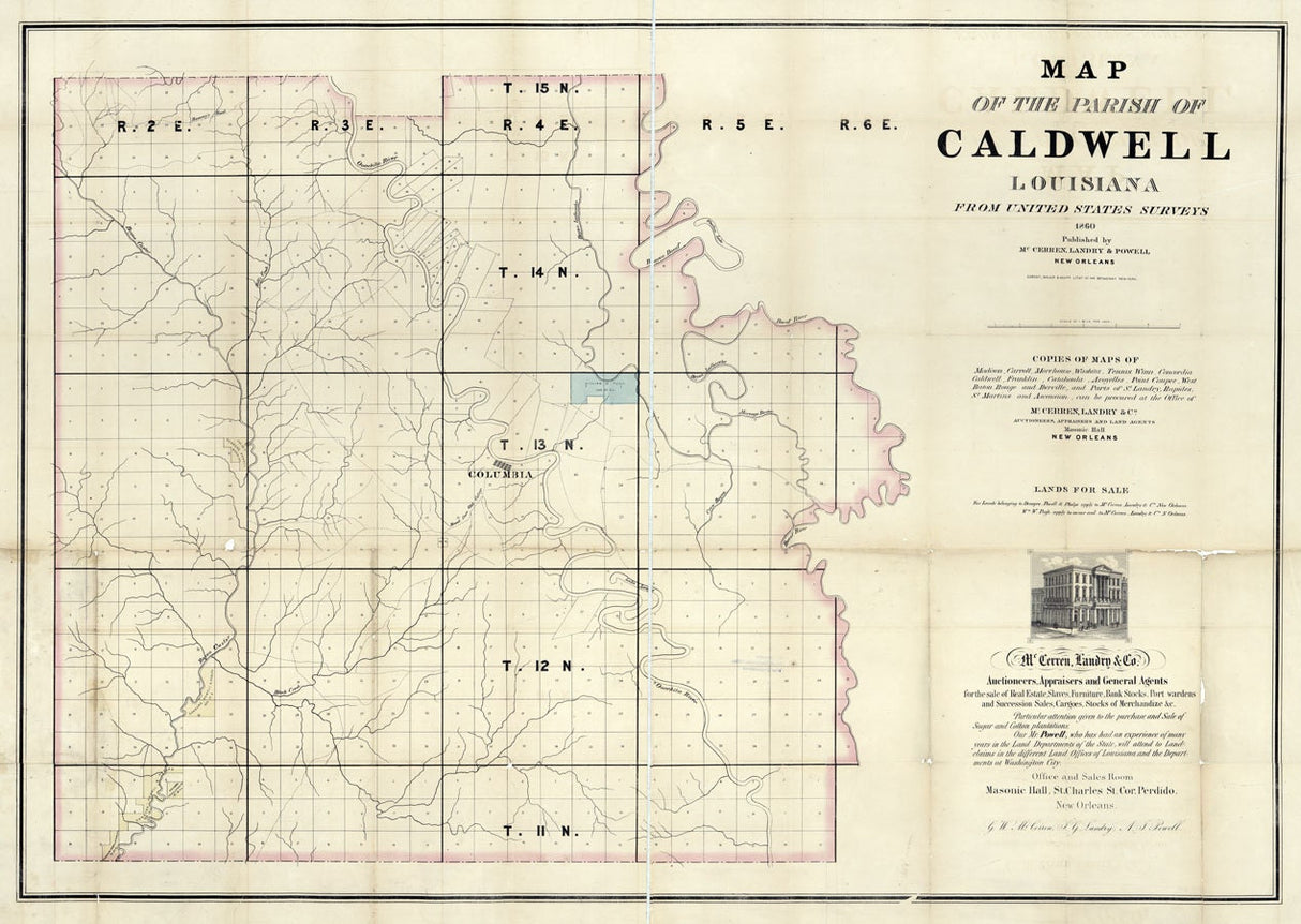 1860 Map of Caldwell Parish (County) Louisiana Columbia