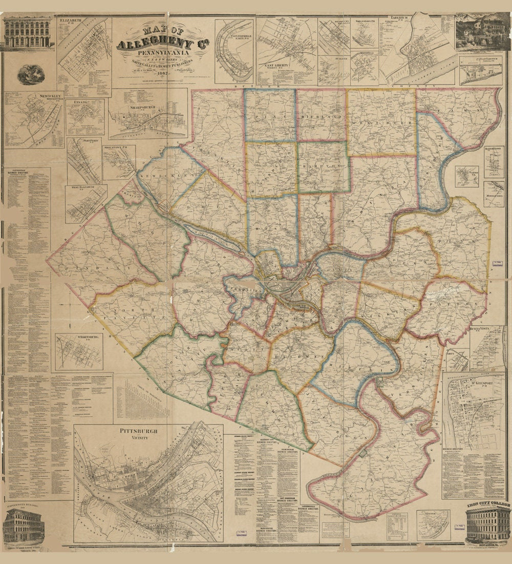 1862 Map of Allegheny County PA from actual surveys Pittsburgh