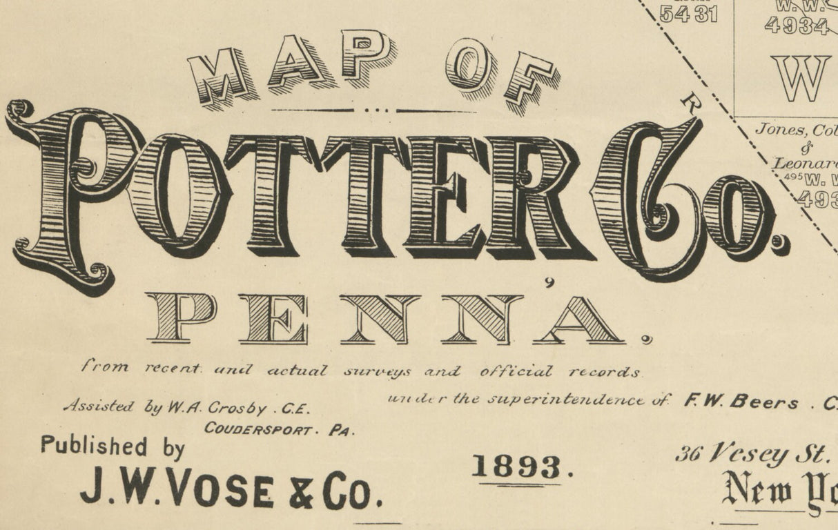 1893 Farm Line Map of Potter County Pa from actual surveys