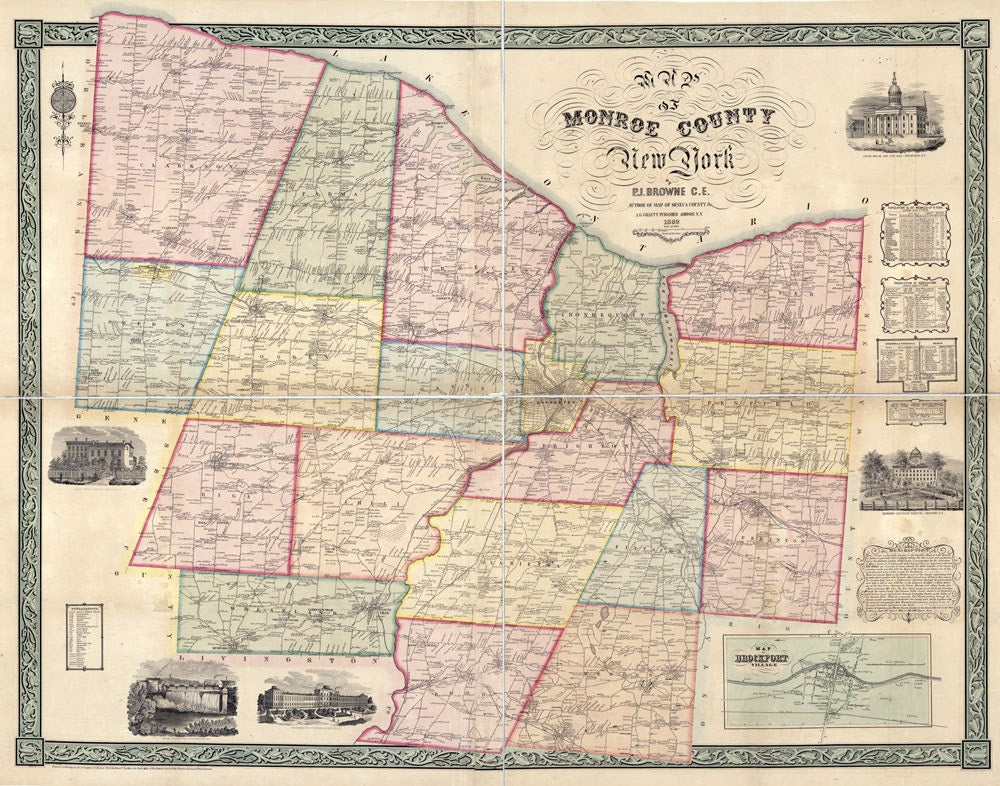 1852 Map of Monroe County New York Rochester