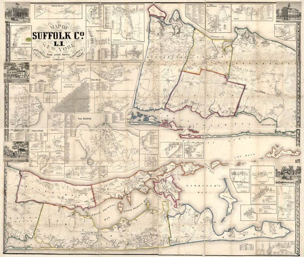 1858 Map of Suffolk County New York from actual surveys