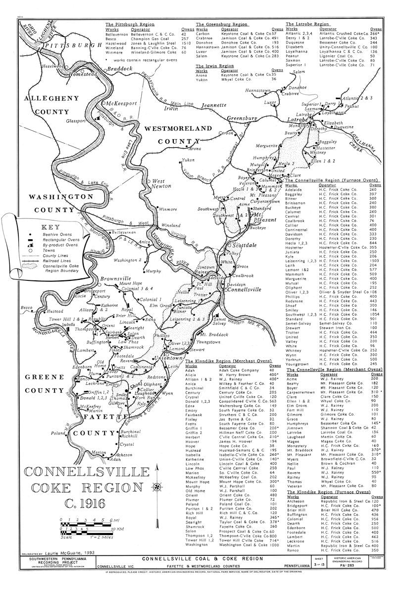 1916 Map of Coke Regions of Fayette County Pennsylvania Connellsville Uniontown