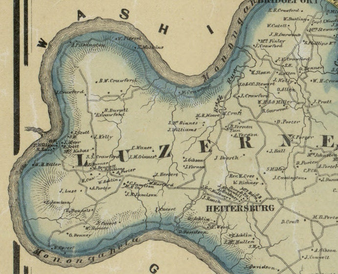 1865 Map of Fayette County Pa Uniontown Monongahela River Coal Smithfield