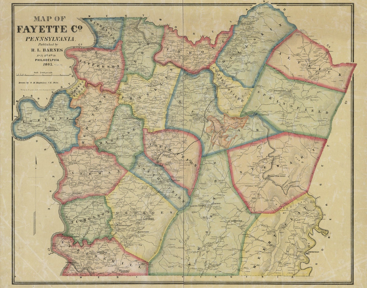 1865 Map of Fayette County Pa Uniontown Monongahela River Coal Smithfield