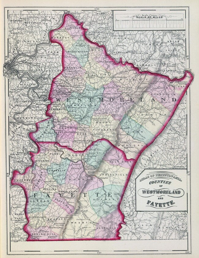 1872 Map of Westmoreland & Fayette County Pennsylvania