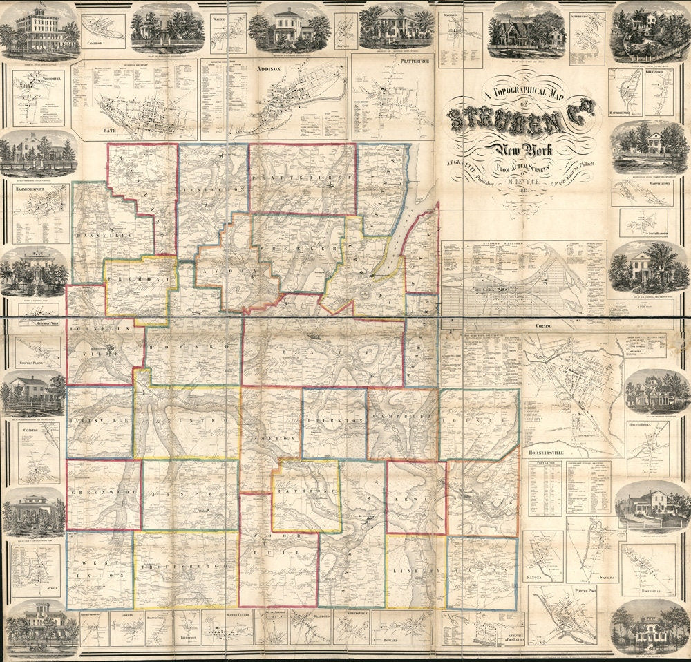 1857 Map of Steuben County NY from actual surveys Corning Hornellsville