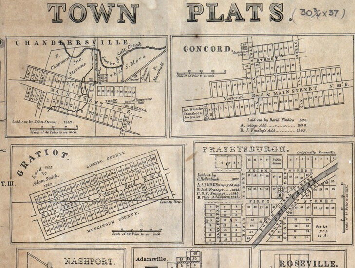 1852 Farm Line map of Muskingum County Ohio Zanesville