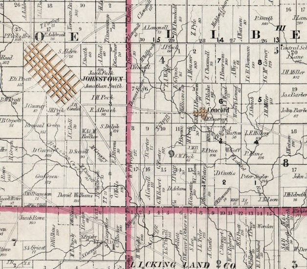 1854 Farm Line Map of Licking County Ohio Newark Granville