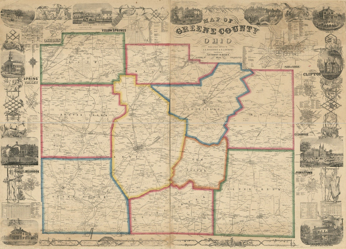 1855 Map of Greene County Ohio Xenia