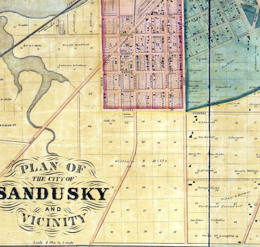 1863 Farm Line Map of Erie County Ohio Sandusky