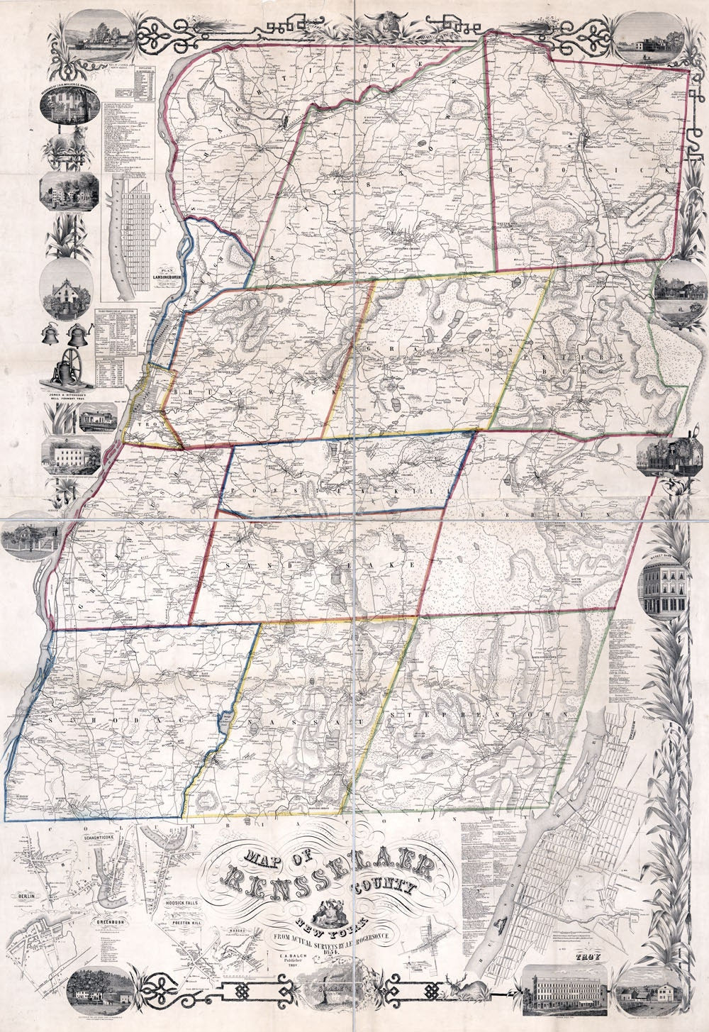 1854 Map of Rensselaer County NY from actual surveys Troy