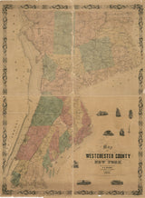 1858 Map of Westchester County NY from actual surveys Yonkers Peekskill