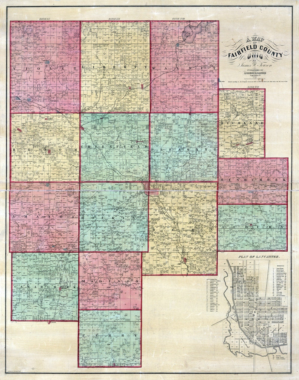 1848 Farm Line Map of Fairfield County Ohio Lancaster Winchester