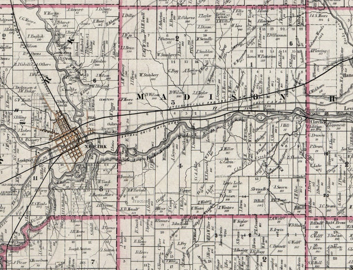 1854 Farm Line Map of Licking County Ohio Newark Granville