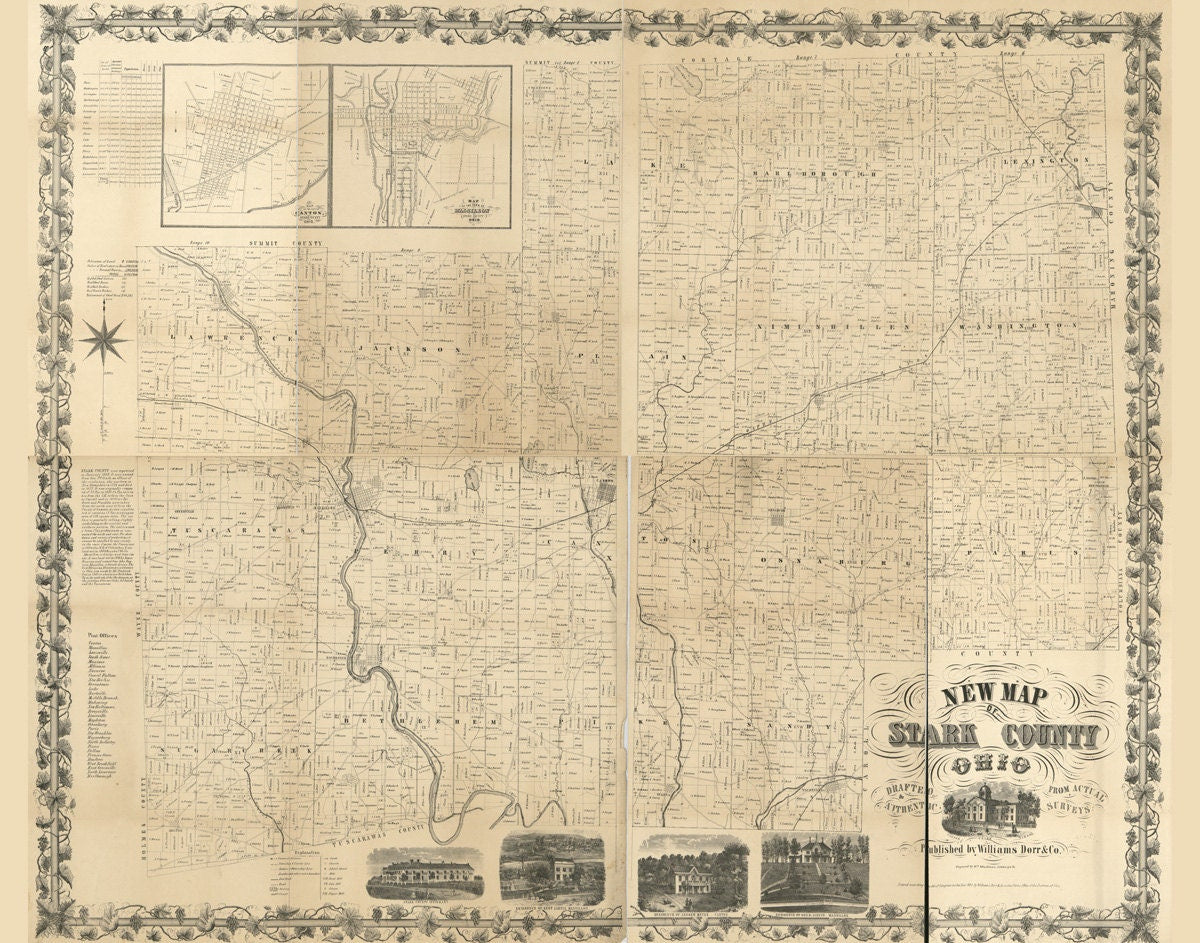 1855 Farm Line Map of Stark County Ohio Massillon