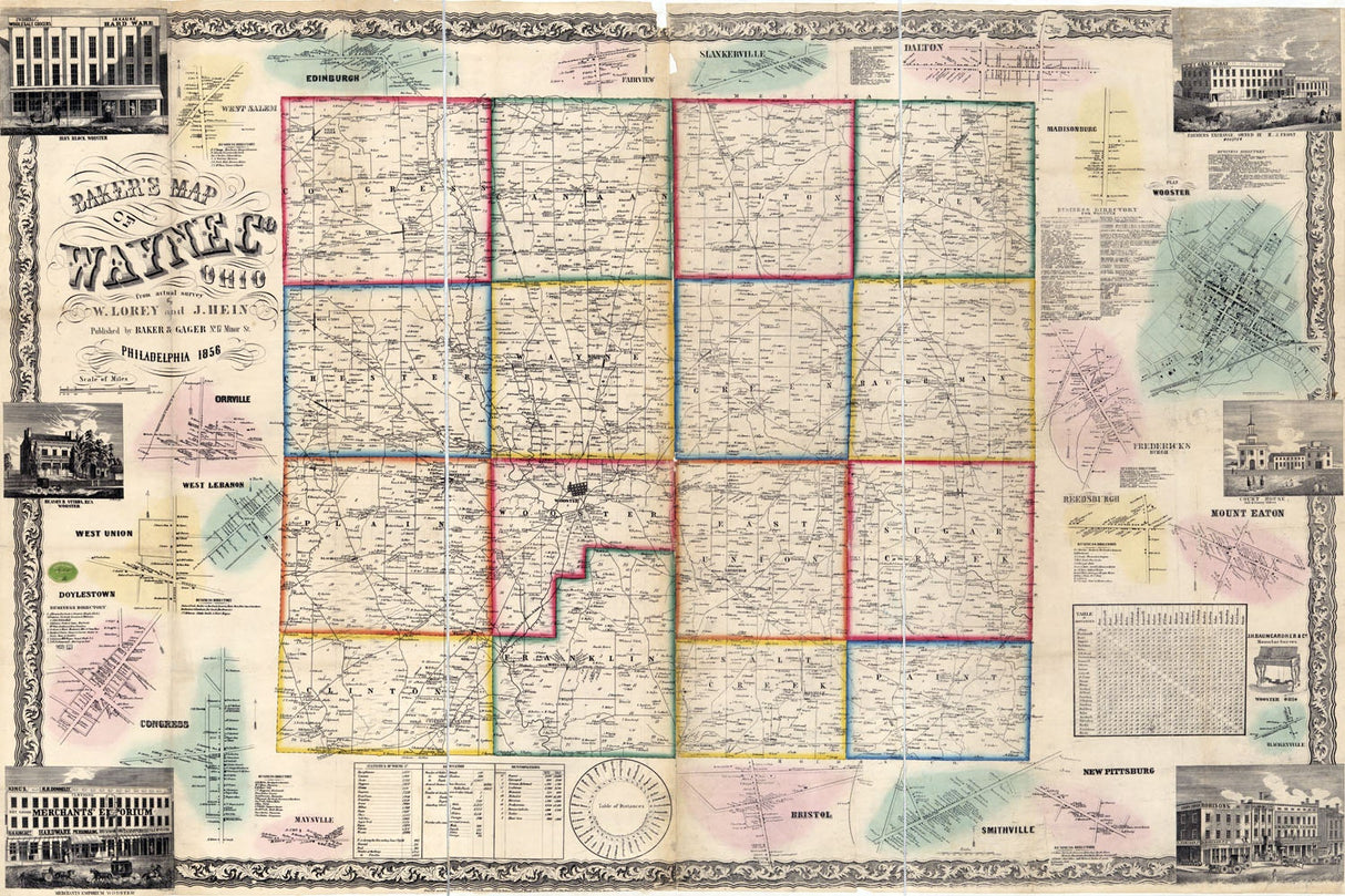 1856 Farm Line Map of Wayne County Ohio Wooster