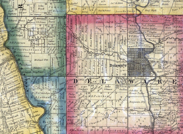 1849 Farm Line Map of Delaware County Ohio Scioto River