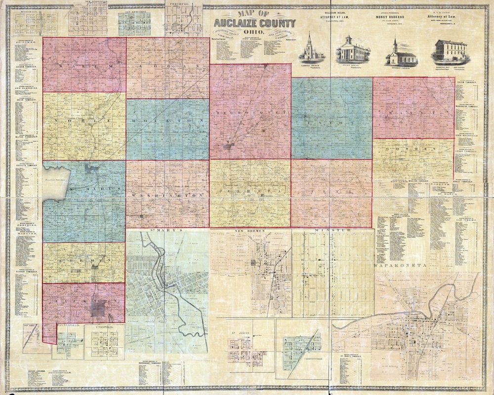 1860 Farm Line Map of Auglaize County Ohio Wapakoneta Minster