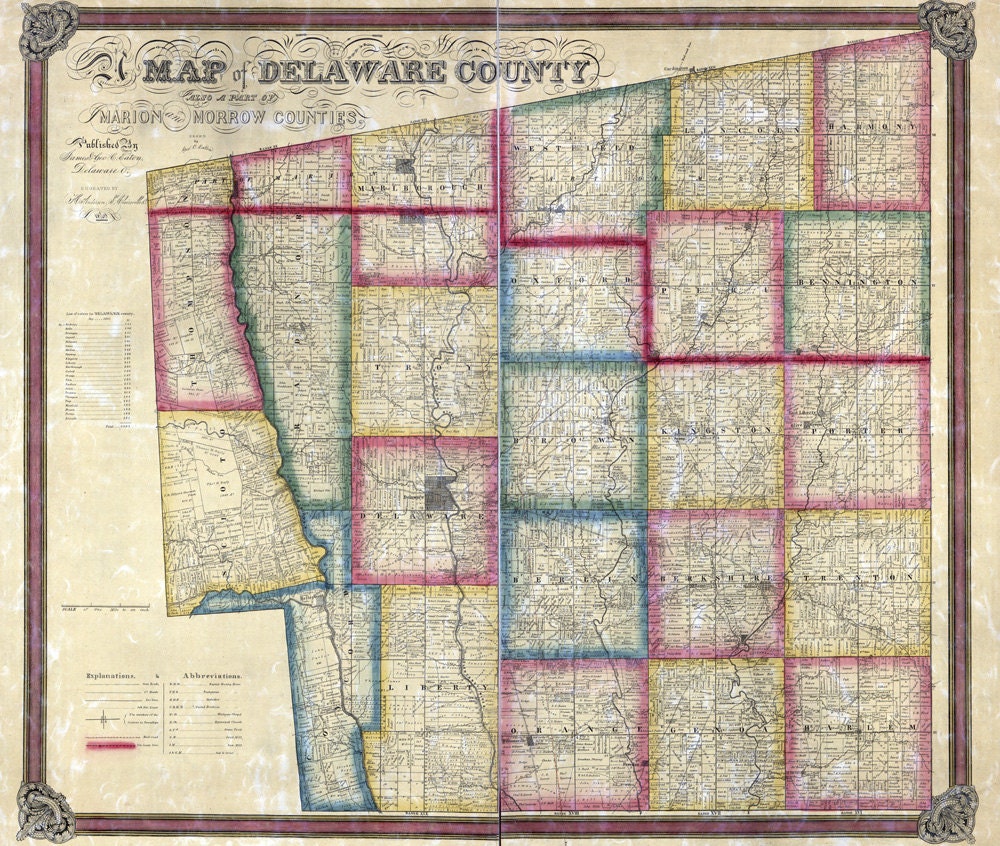 1849 Farm Line Map of Delaware County Ohio Scioto River