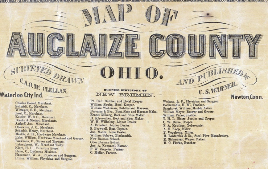 1860 Farm Line Map of Auglaize County Ohio Wapakoneta Minster