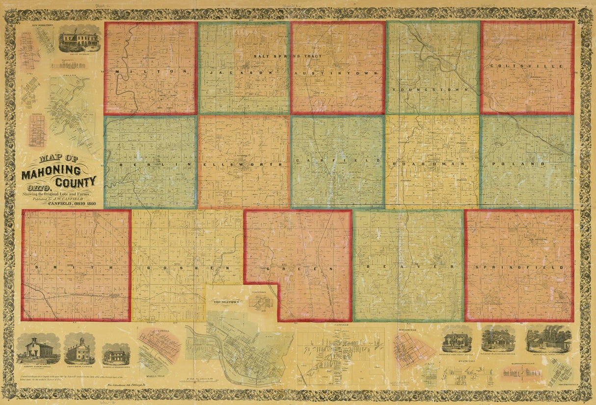 1860 Farm Line Map of Mahoning County Ohio Youngstown