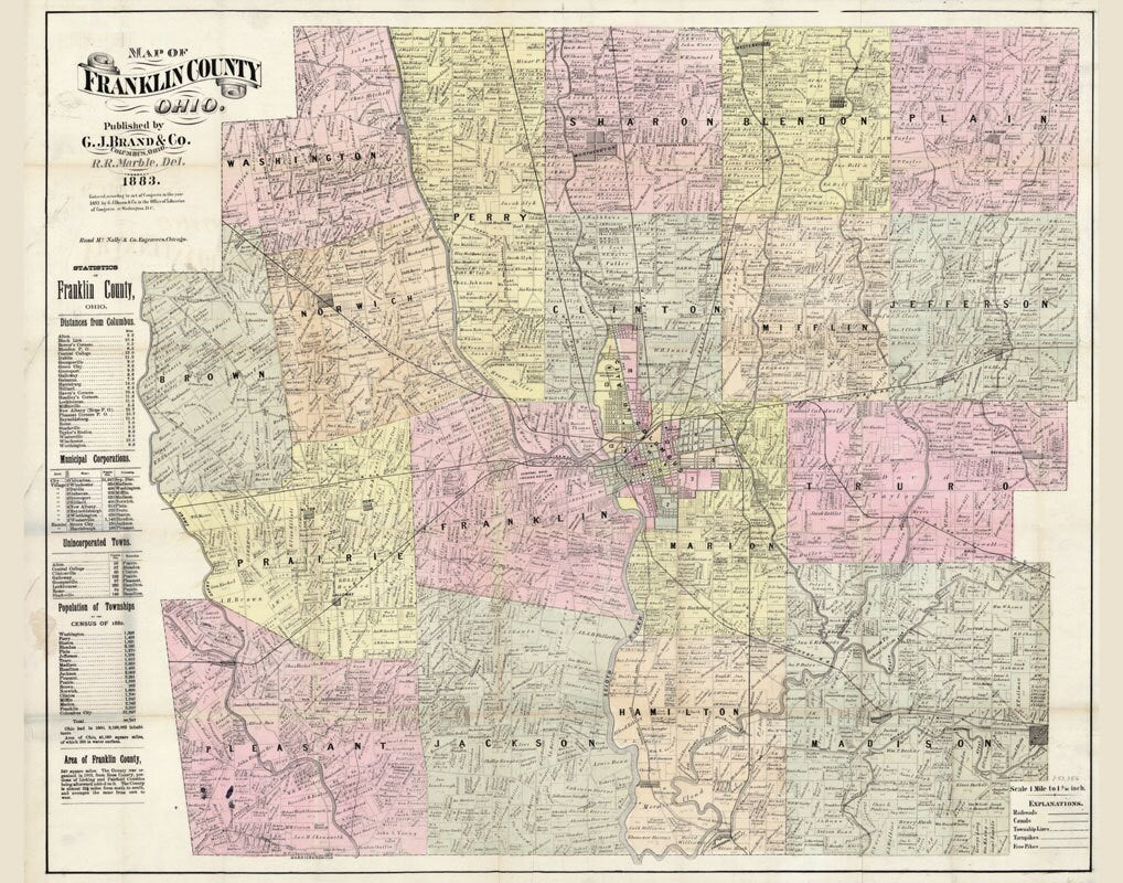 1883 Farm Line Map of Franklin County Ohio Columbus