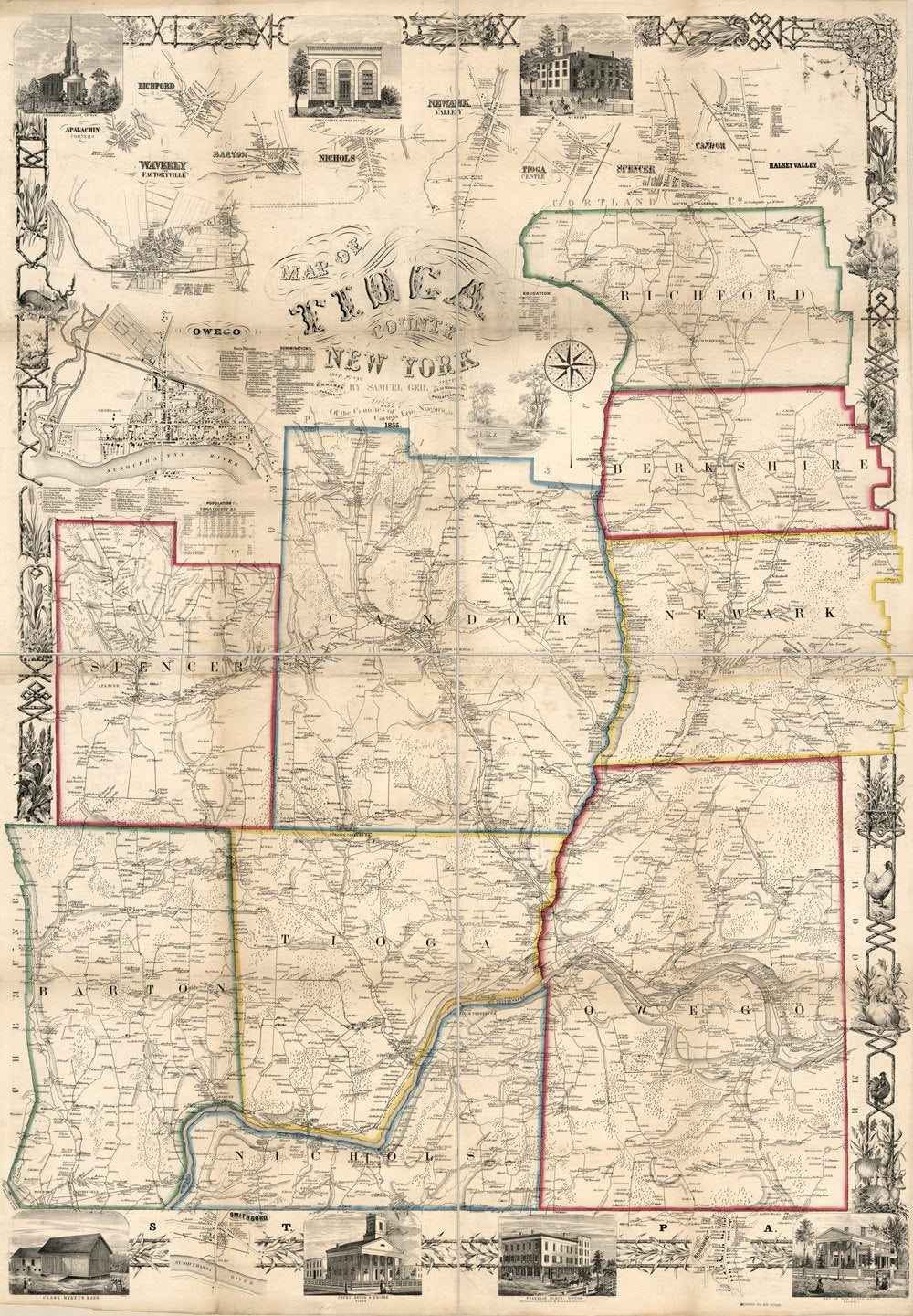 1855 Map of Tioga county NY from actual surveys Owego