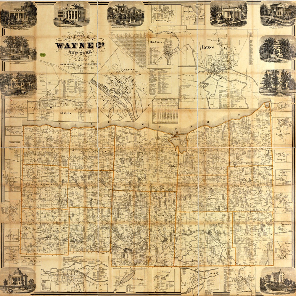 1858 Farm Line Map of Wayne County New York Lyons Newark Clyde