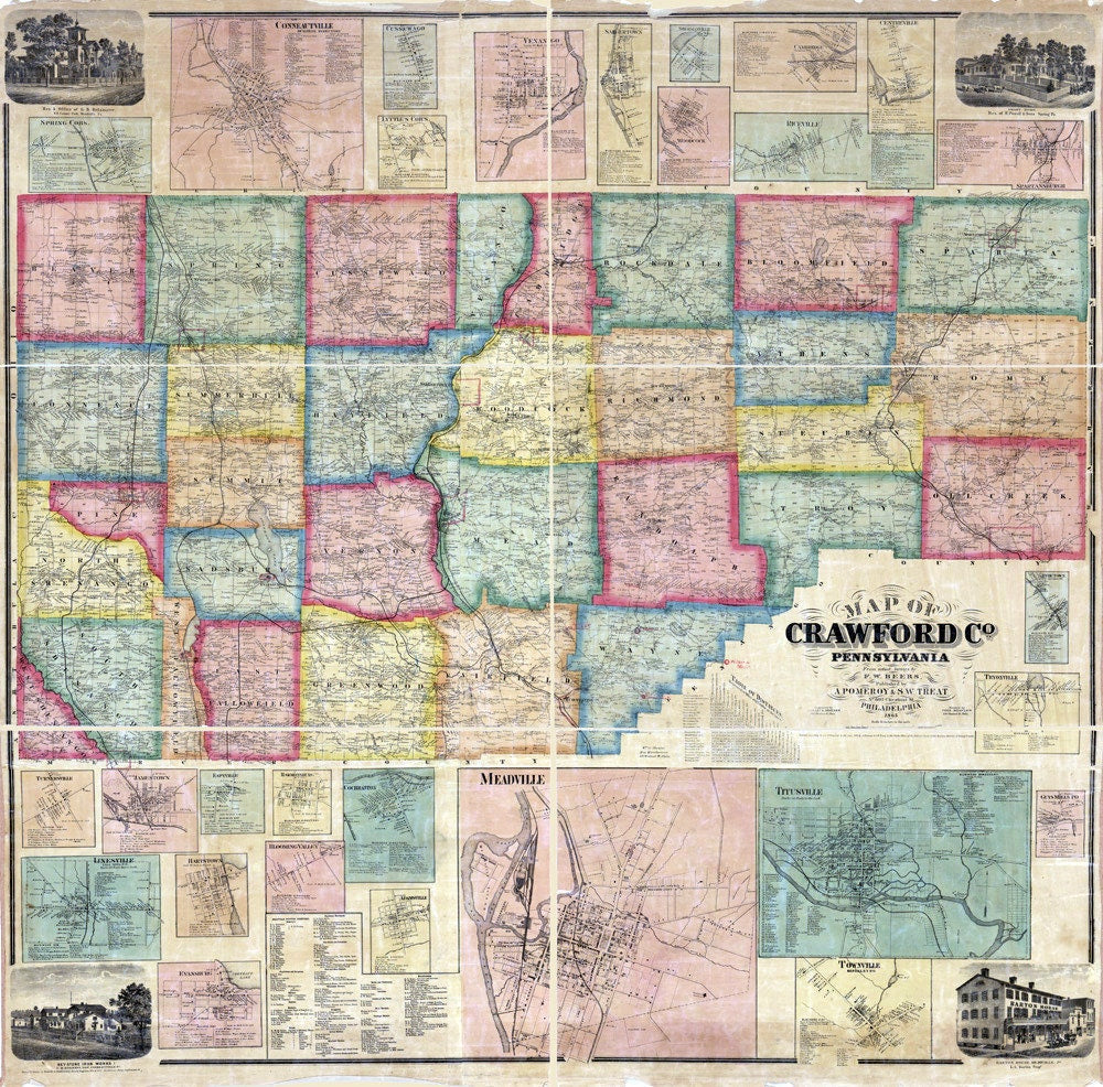 1865 Farm Line Map of Crawford County Pa from actual surveys