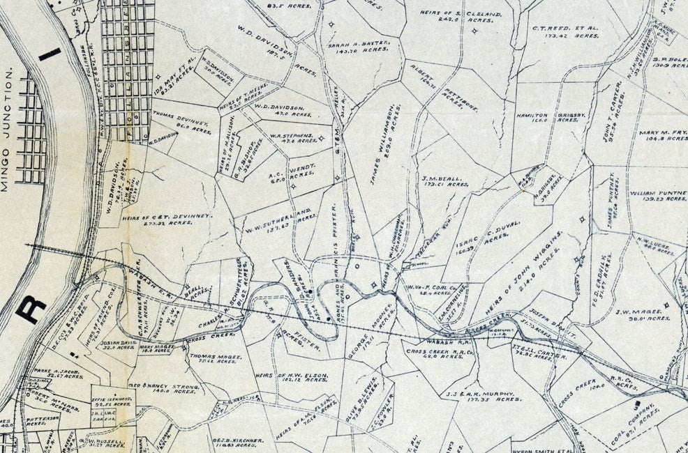 1912 Farm Line Map of Brooke County West Virginia Showing Oil & Gasl Wells Coal Mines