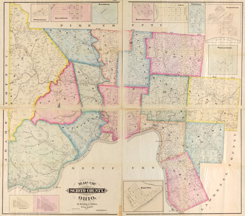 1875 Farm Line Map of Scioto County Ohio Portsmouth