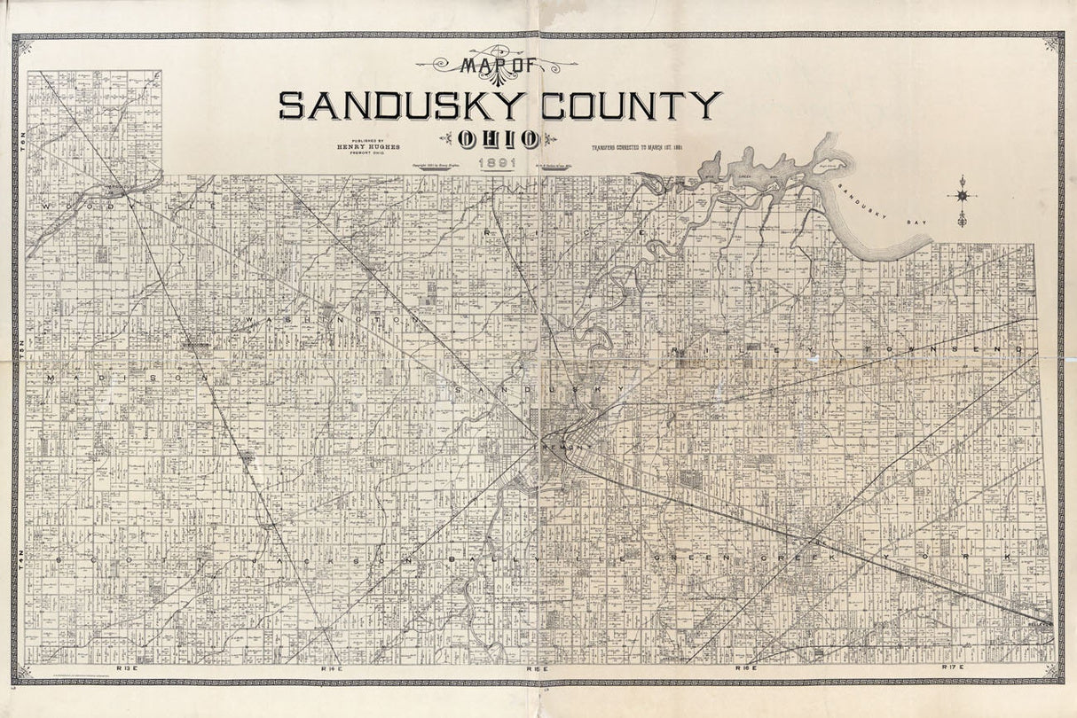 1891 Farm Line Map of Sandusky County Ohio Fremont Woodville