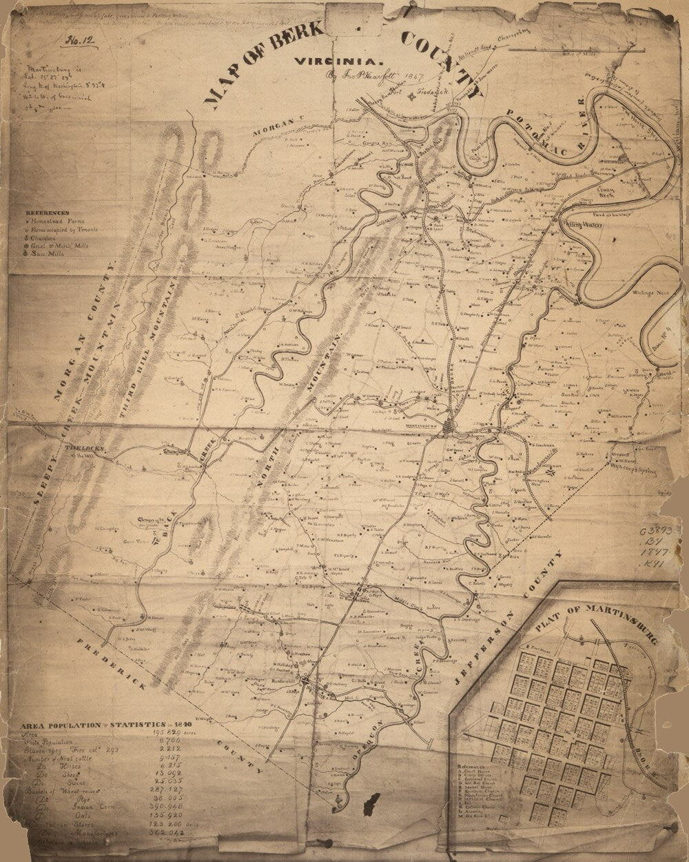 1847 Map of Berkeley County Virginia Fort Frederick Martinsburg Genealogy