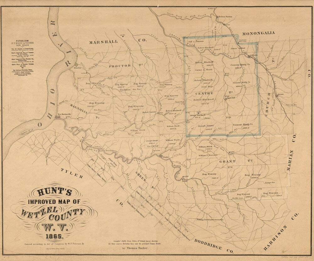 1865 Farm Line Map of Wetzel County WV Showing Oil Wells Property Names