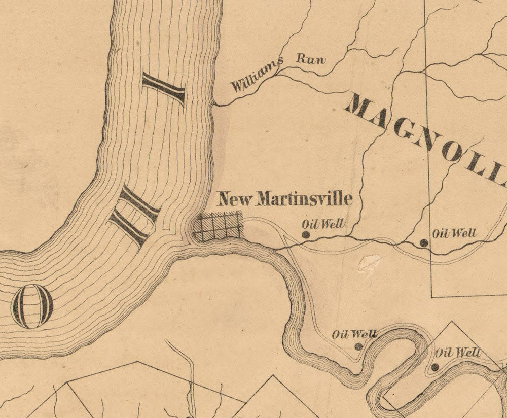 1865 Farm Line Map of Wetzel County WV Showing Oil Wells Property Names